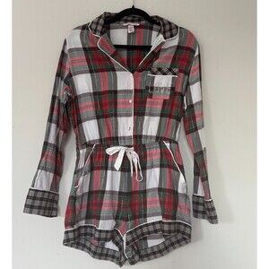 Victoria’s Secret Plaid Pajama Romper Shorts Small Cozy Button Front Sleepwear